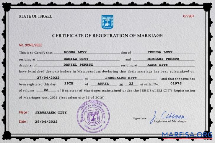Downloadable Israel marriage certificate PSD template